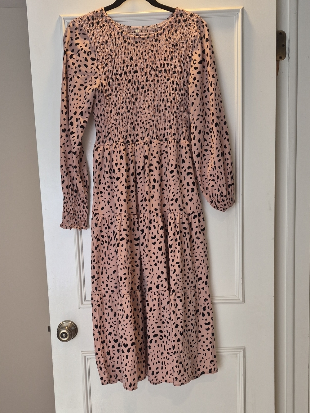 Smocked Long Sleeve Midi Dress in Blush with Black Spot Print